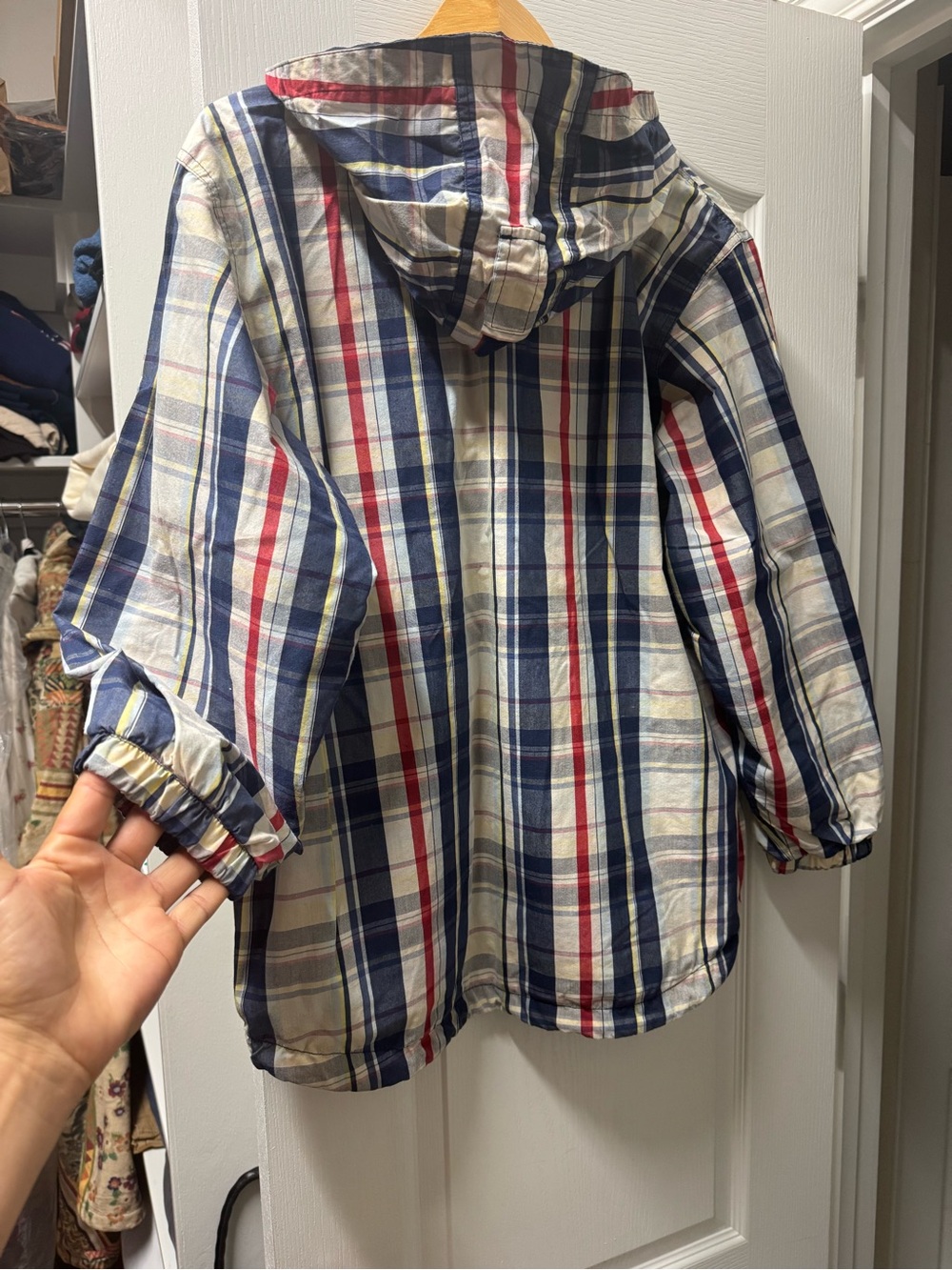 GAP Plaid Hooded Jacket in Navy, Red & Cream